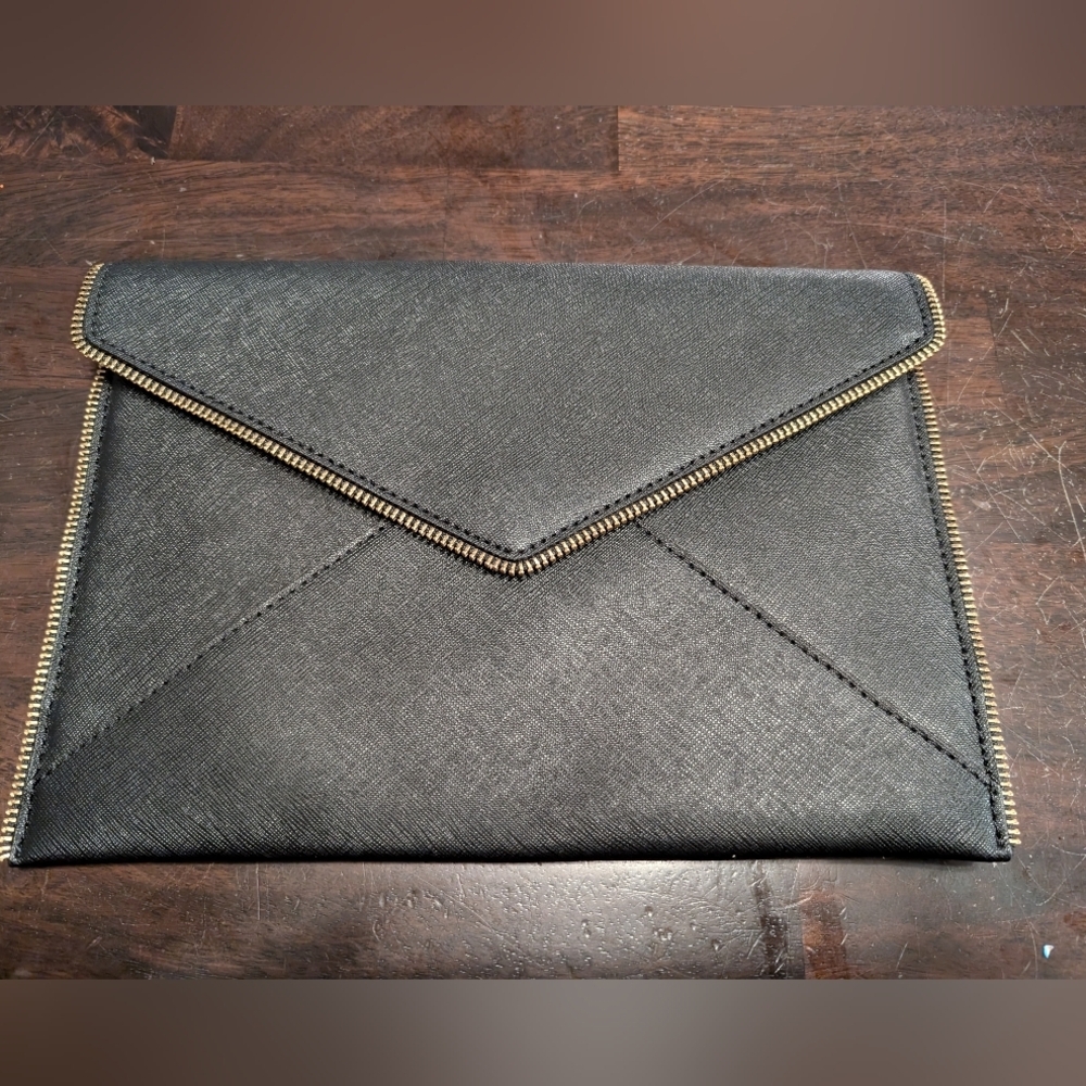 Rebecca Minkoff Leo Saffiano Black Envelope Clutch with Gold Zipper Trim, NWOT - Picture 1 of 6